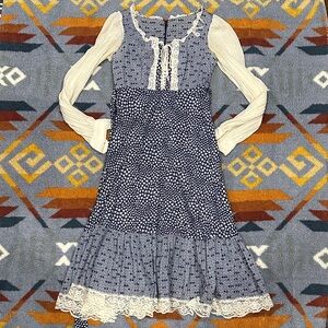 Vintage Niki Lavis Navy and Cream Long Sleeve Prairie Cottage Core Dress